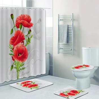 3D Silver Grey Kyticu Červených Maku Kvety Kúpeľni Sprchový Záves Súbor Umeleckých Kvetinový Portrét Vaňa Koberce, Rohože Wc Dekor
