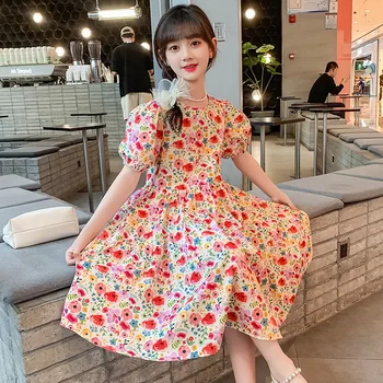 Kórejský detské Oblečenie 2023 Lete Nafúknuté Šaty Ružové Šaty Deti Sundress Sklzu Šaty Módne Dievčatá Oblečenie jednodielne Šaty