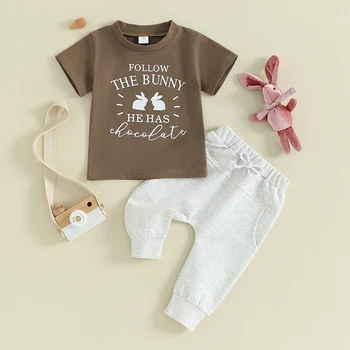 Baby Boy Veľkonočné Oblečenie, Krátky Rukáv, golier Posádky Krku Písmená Králik Tlačiť T-shirt s Elastický Pás Tepláky 2-kus Oblečenie