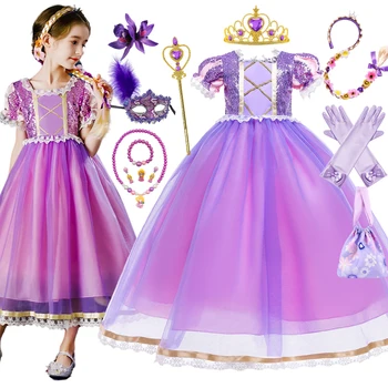 Disney Zamotaný Princezná Kostým pre Dievčatá, Krátky Rukáv Sequin Oka plesové Šaty Dieťa Nádherné Rapunzel Party Šaty Vianočné Župan