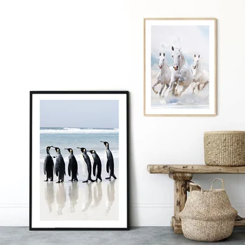 Wall Art Plátno, Maľovanie Na Pláži Penguin Coconut Tree Kôň Auto, Loď Nordic Plagáty A Potlačou Obrazov Na Stenu Pre Obývacia Izba Dekor