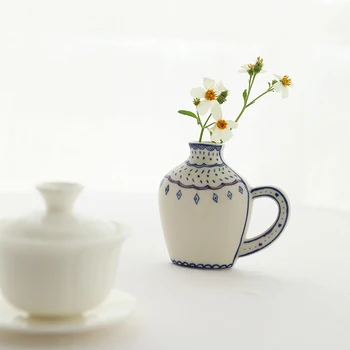 Japonský Obojstranné Ručne maľované Malé Keramické Vázy, Retro Modré a Biele, Tvorivé Ploché Ozdoby, Jednoduché Ornamenty,