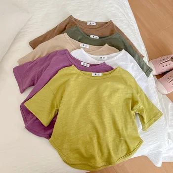 2023 Deti Letné T-shirt Pevné Chlapci Dievčatá Kórea Outwear Priedušné Oblečenie pre 2-7T Voľné Deti Bavlna Základné Farebné Topy