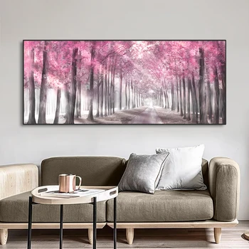Škandinávsky Svetlo Ružový Tieň Stromov Plátno na Maľovanie Plagátu Krajiny Lesnú Cestu Wall Art Obrázky pre Spálne Domova