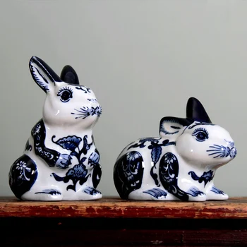 Modré a Biele Porcelánové Králik Dekor Keramické Zvierat Socha Plavidlá, Obývacia Izba Skrinka Ploche Králik Dekorácie Svadobný Dar