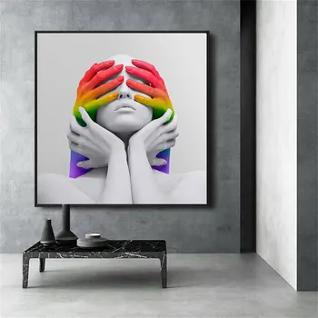 3D White Portrét Rainbow Rukách Plagáty Plátne Obrazy Abstraktné Nič Vidieť Wall Art Print Pre Obývacia Izba Domáce Dekorácie