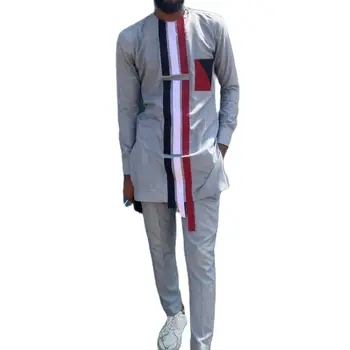 Nigérijský Módne Svetlo Šedá Mužov Nastaviť Black/White/Red Možnosť Využívať Tri Pásma Dizajn Patchwork Tričko+Pevné Nohavice Na Mieru Muž Svadobné Oblečenie