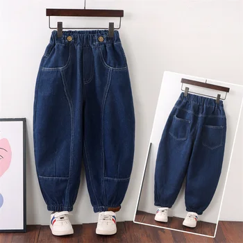 Jar nový kórejský detí šitie džínsy chlapcov a dievčatá nohavice 2-8 rokov ležérne módne džínsy.