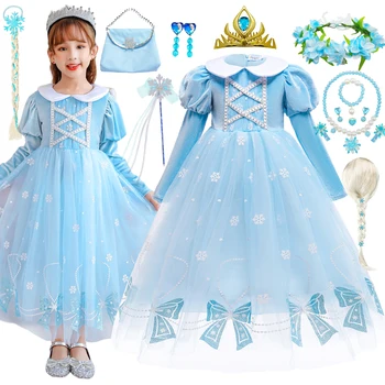 Disney Mrazené Princezná Elsa Snehová Kráľovná Zdobiť pre Dievčatá Velvet Zimné Kostým Dieťa Halloween Cosplay Modrá Strana Oblečenie 2-10 TON