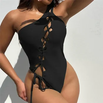 Sexy Čierne String Krajky-up Jedného Pleca Plavky jednodielne Vystrihnúť Plavky celé plavky Ženy 2024 High Cut plavky Bather