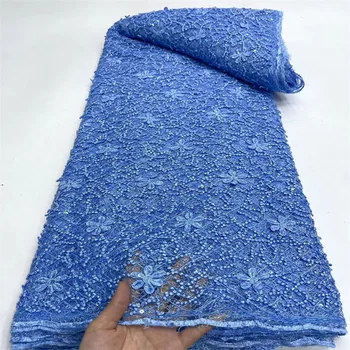 5 Metrov Afriky Flitrami Čipky Textílie 2024 Modré Kvalitné Francúzske Nigérijský Výšivky Sieťové Textílie Pre Svadobné Šaty, Šitie