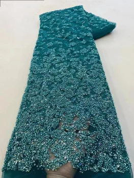 Modrá Hing-End Luxusný Francúzsky Veľké Korálkové Výšivky, Čipky Textílie Afriky Nigérijský S Flitrami Textílie Pre Svadobné Šaty