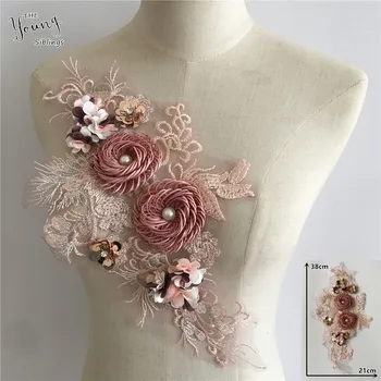 1pcs Flitrami 3D Kvetinové Výšivky Oblečenie Tylu Čipka na Výstrihu Nášivka ASB pearl Čipky Orezania Golier DIY Odevné Doplnky