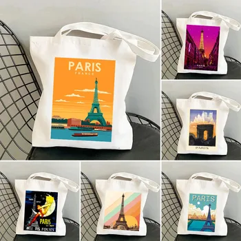 Paríž Francúzsko, Eiffelova Veža Cestovné Plagát Ženy Plátno Taška Cez Rameno Harajuku Kabelka Tote Eco Shopper Opakovane Bavlnená Nákupná Taška
