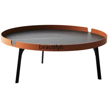 Taliansky minimalistický rock plát veľkosti kolo čaj stôl, malý byt v hale, kožené sedlo hrana tabuľky nábytok do obývacej izby