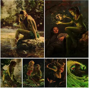 Elfovia A Čarodejnice V Lese Wall Art Plátno, Vytlačí Zelená Elf Dievča Pri Jazere Plagát