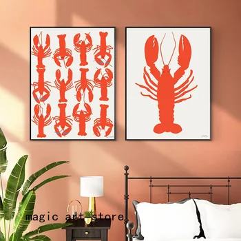 Abstraktné a Vtipné Maine Lobster Kraby a Čierne Bodky Umenie Plagátu Plátno na Maľovanie na Stenu Vytlačiť Obrázok pre Kuchyňa Kaviareň Domova