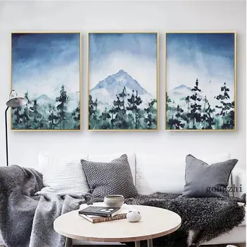 Akvarel Horský Les Krajiny Plagáty Modré Zelené Plátno Maľovanie a Vytlačí Škandinávskych Wall Art Obrázky Domova