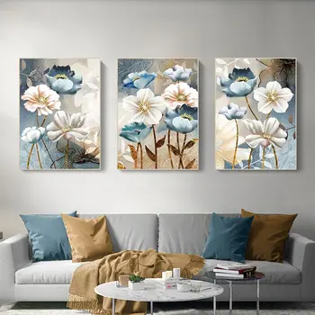 3KS Modrá Biele Kvety Nordic Plagát Interiéru Plátno na Maľovanie na Stenu Umenie HD Tlač Obrázkov na Obývacia Izba Domova Frameless
