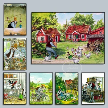 Anime Swiss Art Pettson a Findus Plátno Maľovaní Plagátov Klasické Nástenné Plagáty na Stenu Umenie pre Predškolské Deti Spálňa Umenie Domova