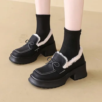 Kožušiny Ženy Polovice Podpätky Loafer Topánky Na Platforme Luk Bavlna, Topánky Nové Zimné Dizajnér Chôdza 2024 Móda Krátkych Plyšové Mujer Zapatos
