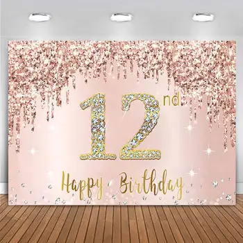 Šťastný 12nd Narodeniny, Party Dekorácie Banner Kulisu pre Dievčatá Dvanásť 12 Rokov Pink Rose Gold Pozadí Prispôsobené Vinyl