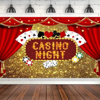 Las Vegas Gold Glitter Fotografie Pozadie Kasíno, Nočný Poker, Kocky Červené Záclony Pozadí Narodeninovej Party Prom Banner Dekor