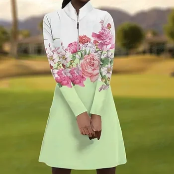 Dlhé rukávy tenisové šaty, žena s kvetinovým vzorom, veľmi vhodný pre outdoorové aktivity, na jeseň roku 2024.