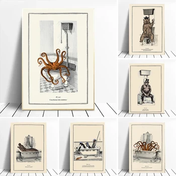 Vtipné Kúpeľňa Wc Dekor Plátno Maľby Zvierat Vaňou Plagát Medveď Octopus Penguin Šimpanz Retro Stenu Obrázok, Umenie Cuadros