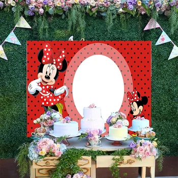 Disney Karikatúry Červeným Motýlikom Dievča Dieťa Minnie Mouse Krásne Bodky Foto Pozadie Princezná Happy Birthday Party Prostredí Banner