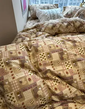 Krásne kreslené medveď jahoda hnedé posteľná bielizeň nastaviť dieťa, dospievajúci,twin plný kráľovná bavlna bytový textil posteľ list vankúš deka kryt