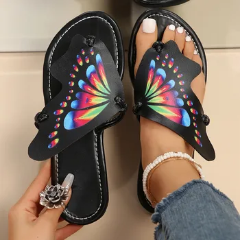 Módne Dámy Outdoor Papuče Farebný Motýľ Tvarované Klip Prst Ploché Dno Pláže Letné Sandále Bežné Papuče 2024