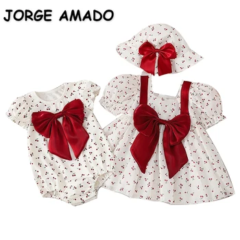 Nové Letné Rodinné Oblečenie Set Baby Girl Krátke Rukávy Víno Červené Cherry Kolo Golier Šaty+Kombinézu Sestra Zodpovedajúce Oblečenie E9201