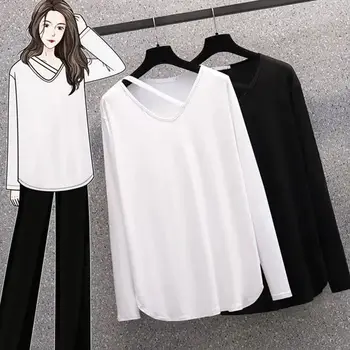 Plus Veľkosť 5XL 150KG Jeseň T-Shirt Žena Kórea Voľné Tuhé T Shirt Ženy Ležérny Top Čaj White Black Long Sleeve Tričko
