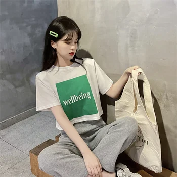 Ženské kórejský Harajuku Voľné Iny List Tlačiť Bežné Tričko dámske tričká, Topy Japonský Kawaii Ulzzang Oblečenie Pre Ženy