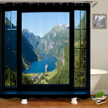Všetky druhy 3D scenérie windows sprchový záves domáce dekorácie opony umývateľný nepremokavé kúpeľňa displej s háčikmi 240 x 180 cm