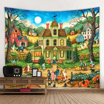 Halloween ilustrácia gobelín detskej izby, domáce dekorácie, horor stenu, tekvicové lampa, spálňa, prázdninový pozadí handričkou